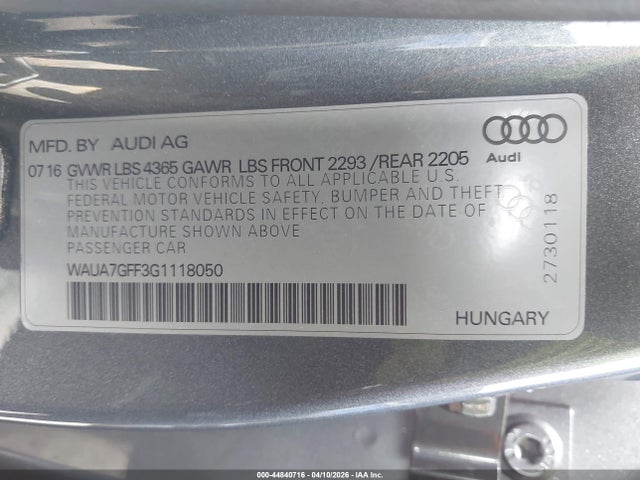 Aukcja sprzedaży 2016 Audi A3 1.8t Premium, vin: WAUA7GFF3G1118050, numer aukcji: 44840716
