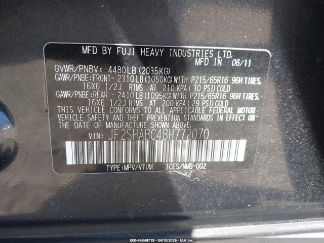 44840719 :رقم المزاد ، JF2SHABC4BH772070 vin ، 2011 Subaru Forester 2.5x مزاد بيع