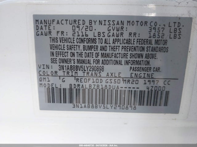 2020 Nissan Sentra S Xtronic Cvt მანქანა იყიდება აუქციონზე, vin: 3N1AB8BV5LY290898, აუქციონის ნომერი: 44840730