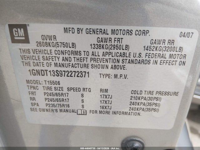 Aukcja sprzedaży 2007 Chevrolet Trailblazer Lt, vin: 1GNDT13S972272371, numer aukcji: 44840735