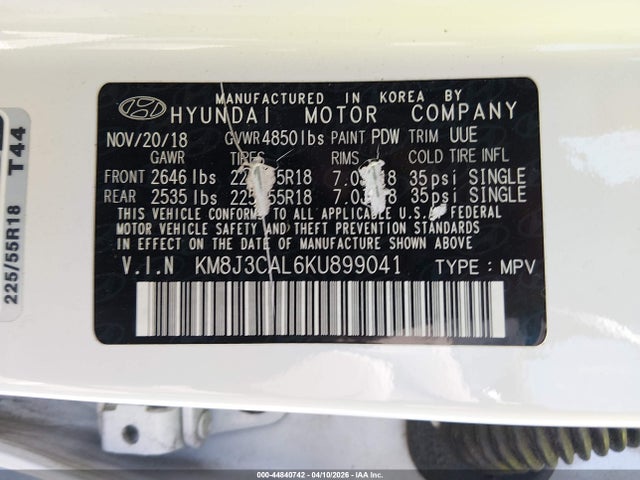 2019 Hyundai Tucson Sel მანქანა იყიდება აუქციონზე, vin: KM8J3CAL6KU899041, აუქციონის ნომერი: 44840742