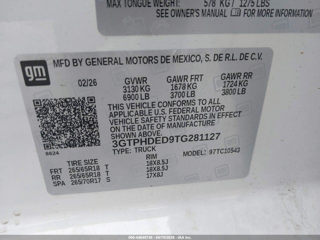 Продажа на аукционе авто 2026 Gmc Sierra 1500 , Short Bed, Slt, Rwd, vin: 3GTPHDED9TG281127, номер лота: 44840748