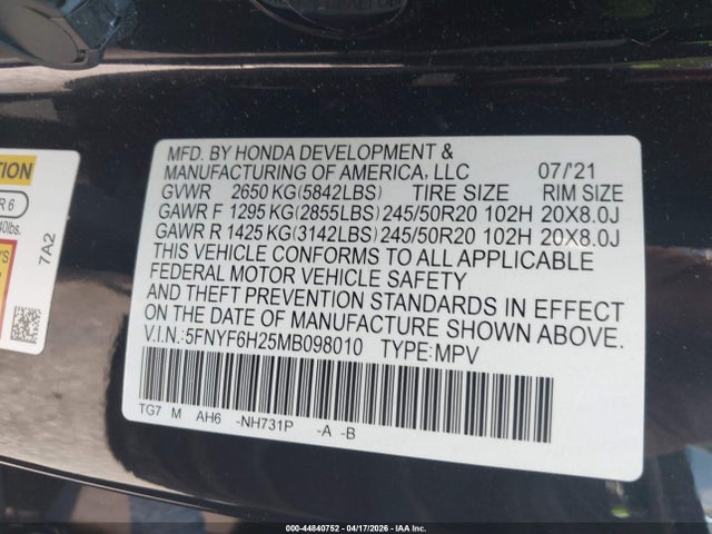 Продажа на аукционе авто 2021 Honda Pilot Awd Special Edition, vin: 5FNYF6H25MB098010, номер лота: 44840752