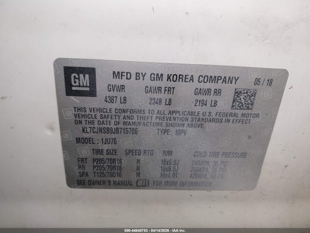 44840753 :رقم المزاد ، KL7CJNSB9JB715786 vin ، 2018 Chevrolet Trax Ls مزاد بيع