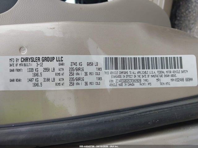 2012 Dodge Grand Caravan Se/avp მანქანა იყიდება აუქციონზე, vin: 2C4RDGBG5CR302828, აუქციონის ნომერი: 44840756