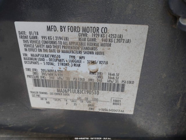 Продажа на аукционе авто 2018 Ford Ecosport Se, vin: MAJ6P1UL8JC190510, номер лота: 44840766