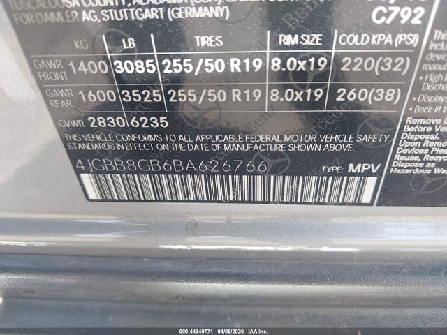 Auction sale of the 2011 Mercedes-benz Ml 350 4matic, vin: 4JGBB8GB6BA626766, lot number: 44840771
