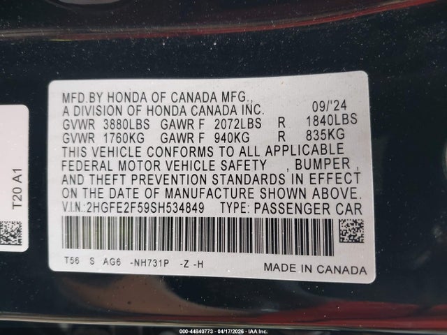 44840773 :رقم المزاد ، 2HGFE2F59SH534849 vin ، 2025 Honda Civic Sport مزاد بيع