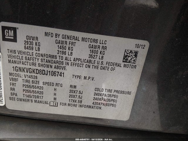 Продаж на аукціоні авто 2013 Chevrolet Traverse 1lt, vin: 1GNKVGKD8DJ106741, номер лоту: 44840781