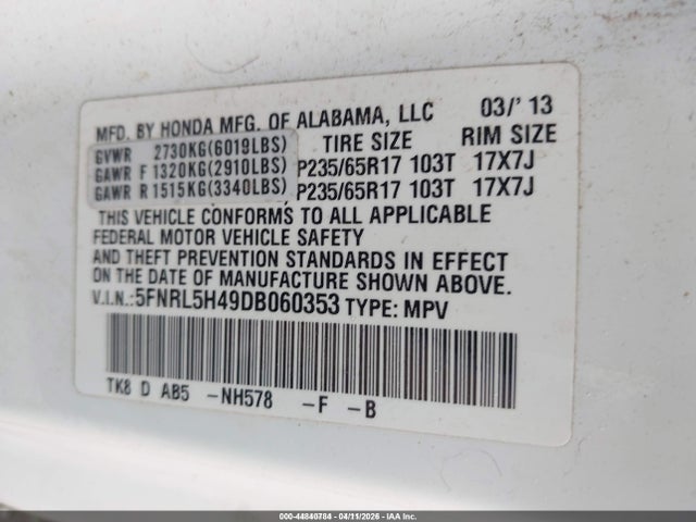 Продажа на аукционе авто 2013 Honda Odyssey Ex, vin: 5FNRL5H49DB060353, номер лота: 44840784