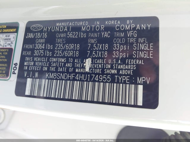 KM8SNDHF4HU174955 Hyundai Santa Fe Se