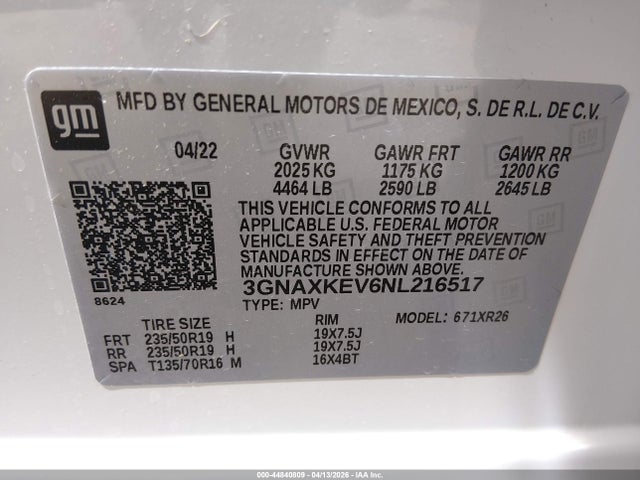 3GNAXKEV6NL216517 Chevrolet Equinox Fwd Lt