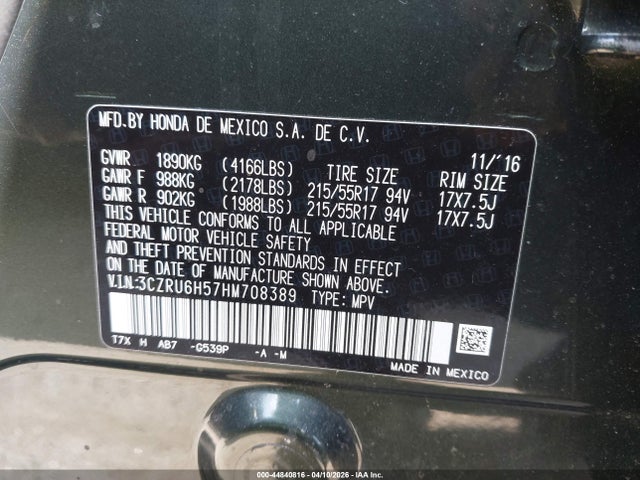 44840816 :رقم المزاد ، 3CZRU6H57HM708389 vin ، 2017 Honda Hr-v Ex مزاد بيع