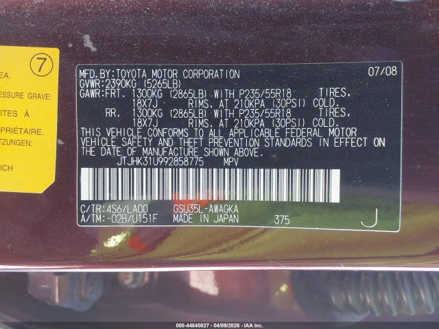 Aukcja sprzedaży 2009 Lexus Rx 350, vin: JTJHK31U992858775, numer aukcji: 44840827