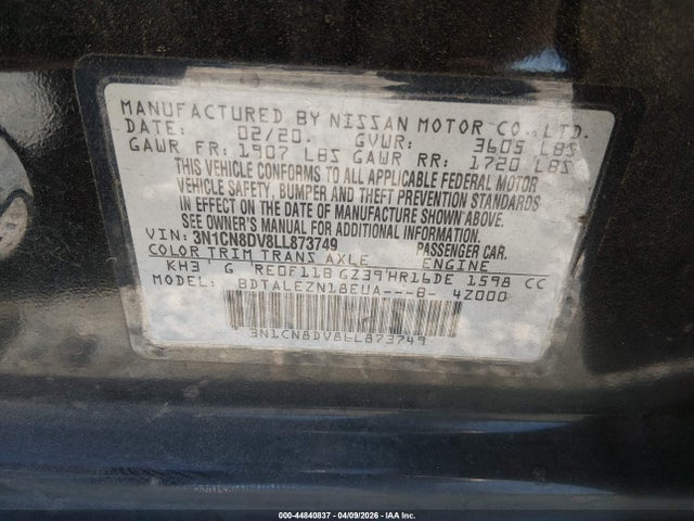 44840837 :رقم المزاد ، 3N1CN8DV8LL873749 vin ، 2020 Nissan Versa S Xtronic Cvt مزاد بيع