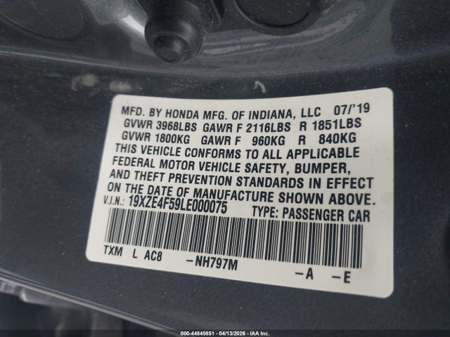 2020 Honda Insight Ex მანქანა იყიდება აუქციონზე, vin: 19XZE4F59LE000075, აუქციონის ნომერი: 44840851