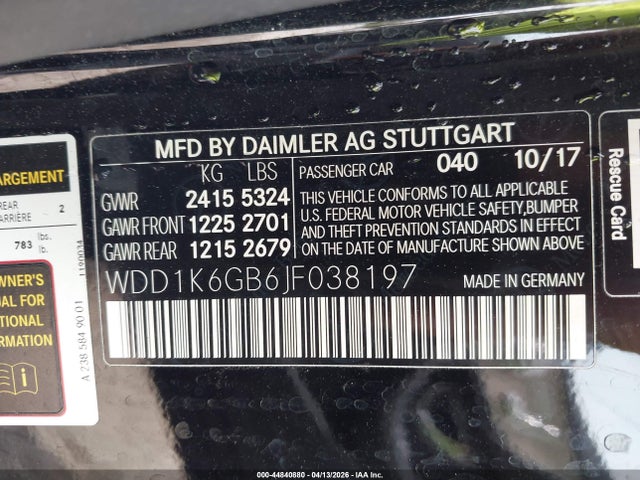 44840880 :رقم المزاد ، WDD1K6GB6JF038197 vin ، 2018 Mercedes-benz E 400 4matic مزاد بيع