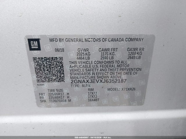 Продаж на аукціоні авто 2018 Chevrolet Equinox Lt, vin: 2GNAXJEVXJ6352187, номер лоту: 44840897