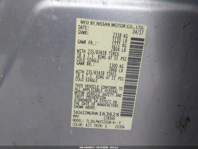 Aukcja sprzedaży 2017 Nissan Murano S, vin: 5N1AZ2MG4HN163628, numer aukcji: 44840913