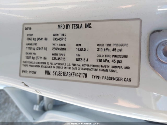 Продажа на аукционе авто 2019 Tesla Model 3 Long Range/mid Range/standard Range/standard Range Plus, vin: 5YJ3E1EA9KF412170, номер лота: 44840920