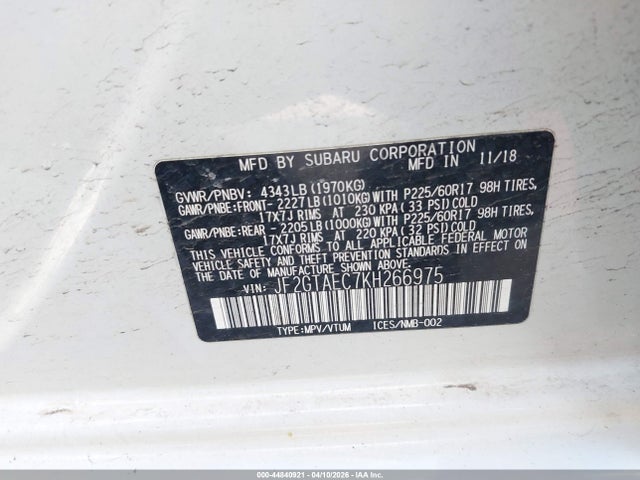 44840921 :رقم المزاد ، JF2GTAEC7KH266975 vin ، 2019 Subaru Crosstrek 2.0i Premium مزاد بيع