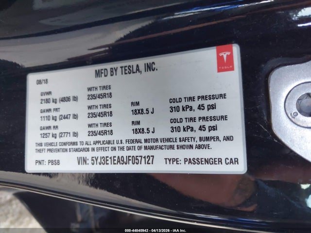 Продаж на аукціоні авто 2018 Tesla Model 3 Long Range/mid Range, vin: 5YJ3E1EA9JF057127, номер лоту: 44840942