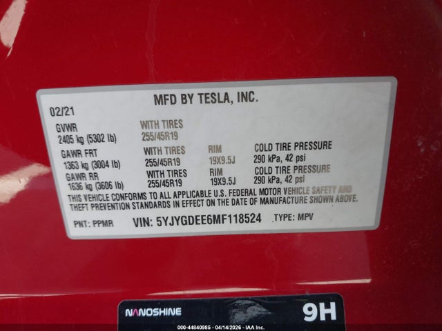 Продажа на аукционе авто 2021 Tesla Model Y Long Range Dual Motor All-wheel Drive, vin: 5YJYGDEE6MF118524, номер лота: 44840985