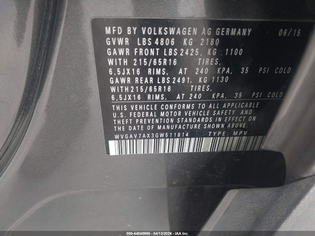 44840996 :رقم المزاد ، WVGAV7AX3GW511814 vin ، 2016 Volkswagen Tiguan S مزاد بيع