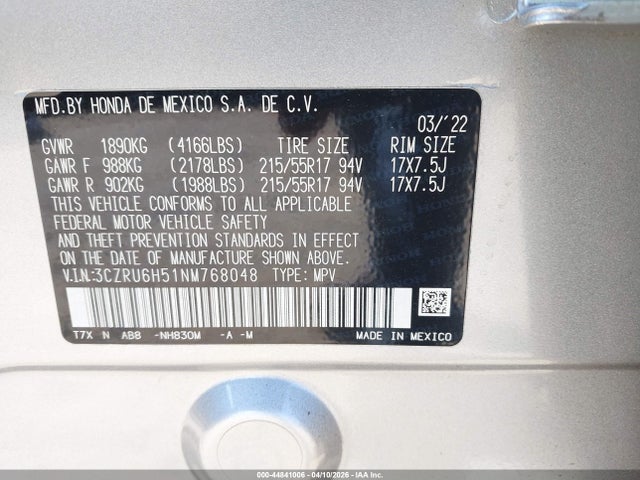 3CZRU6H51NM768048 Honda Hr-v Awd Ex