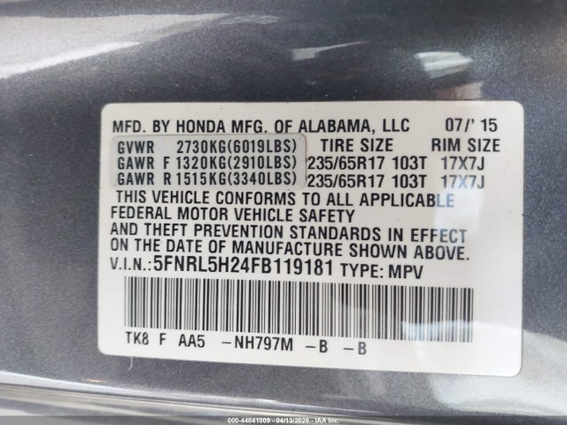 Honda ODYSSEY LX 2015 5FNRL5H24FB119181 Image 9