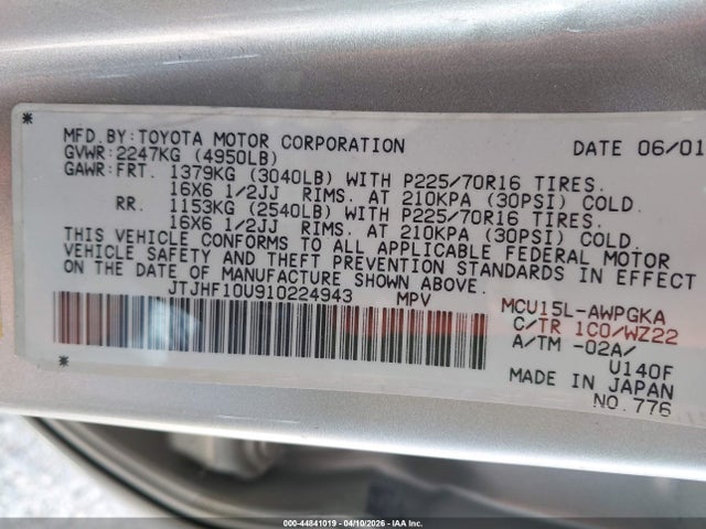 44841019 :رقم المزاد ، JTJHF10U910224943 vin ، 2001 Lexus Rx 300 مزاد بيع