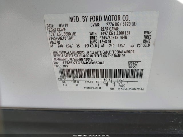 Aukcja sprzedaży 2018 Ford Explorer Xlt, vin: 1FM5K7D88JGB65002, numer aukcji: 44841021