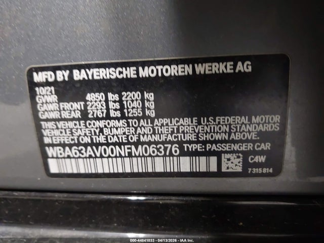 Aukcja sprzedaży 2022 Bmw 430i Gran Coupe, vin: WBA63AV00NFM06376, numer aukcji: 44841033