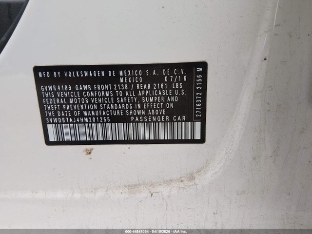 Продажа на аукционе авто 2017 Volkswagen Jetta 1.4t Se, vin: 3VWDB7AJ4HM201255, номер лота: 44841054