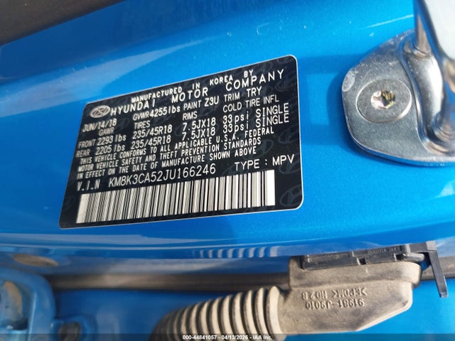2018 Hyundai Kona Limited მანქანა იყიდება აუქციონზე, vin: KM8K3CA52JU166246, აუქციონის ნომერი: 44841057