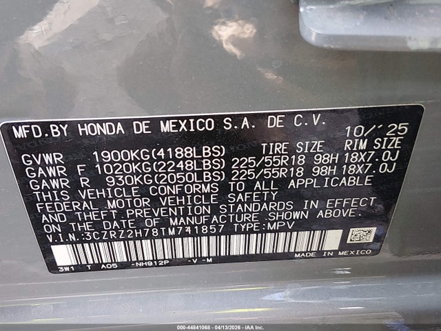 Продаж на аукціоні авто 2026 Honda Hr-v Awd Ex-l, vin: 3CZRZ2H78TM741857, номер лоту: 44841068