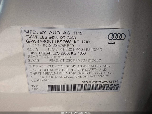 Aukcja sprzedaży 2016 Audi Q5 2.0t Premium, vin: WA1L2AFP8GA082818, numer aukcji: 44841072