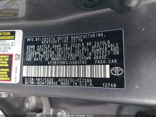 4T1B11HK0JU083792 Toyota CAMRY SE