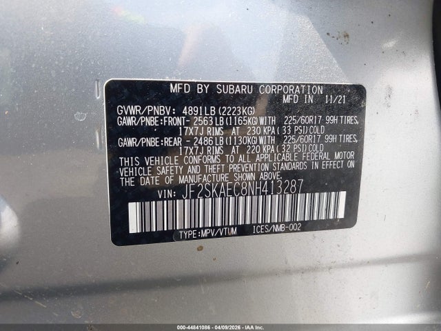Aukcja sprzedaży 2022 Subaru Forester Premium, vin: JF2SKAEC8NH413287, numer aukcji: 44841086
