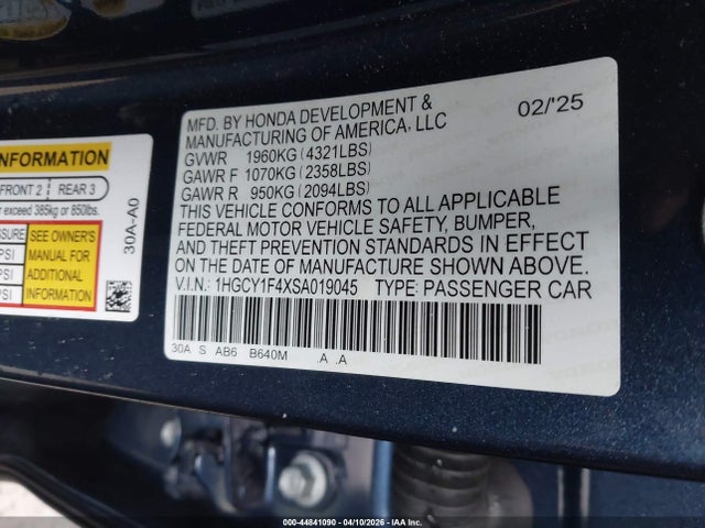 Aukcja sprzedaży 2025 Honda Accord Se, vin: 1HGCY1F4XSA019045, numer aukcji: 44841090