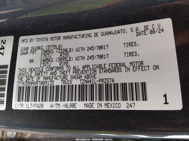 Aukcja sprzedaży 2024 Toyota Tacoma Sr, vin: 3TYKD5HNXRT009135, numer aukcji: 44841102