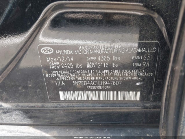 Продажа на аукционе авто 2014 Hyundai Sonata Gls, vin: 5NPEB4AC1EH947607, номер лота: 44841103