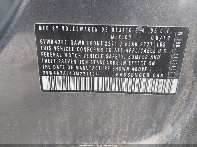 2013 Volkswagen Jetta Gli მანქანა იყიდება აუქციონზე, vin: 3VW4A7AJ4DM221194, აუქციონის ნომერი: 44841107