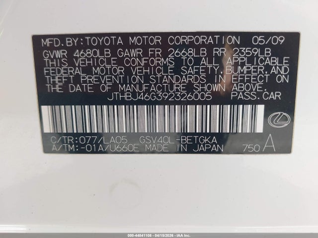 Продажа на аукционе авто 2009 Lexus Es 350, vin: JTHBJ46G392326005, номер лота: 44841108