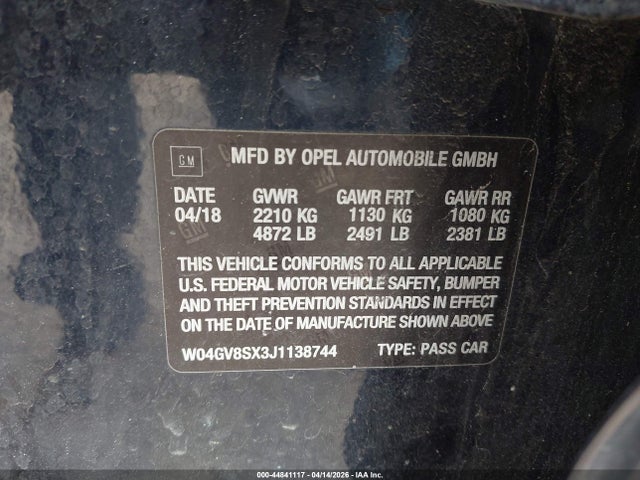 2018 Buick Regal Tourx Essence მანქანა იყიდება აუქციონზე, vin: W04GV8SX3J1138744, აუქციონის ნომერი: 44841117