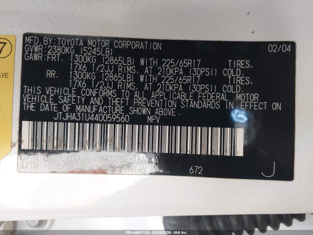 44841136 :رقم المزاد ، JTJHA31U440059560 vin ، 2004 Lexus Rx 330 مزاد بيع