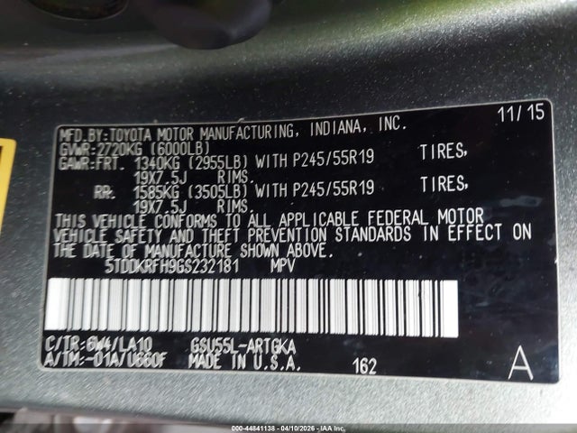 Продаж на аукціоні авто 2016 Toyota Highlander Limited V6, vin: 5TDDKRFH9GS232181, номер лоту: 44841138