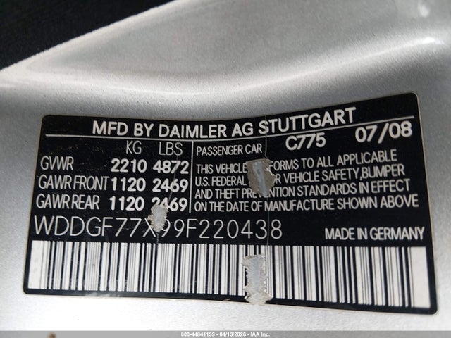 Aukcja sprzedaży 2009 Mercedes-benz C 63 Amg, vin: WDDGF77X99F220438, numer aukcji: 44841139