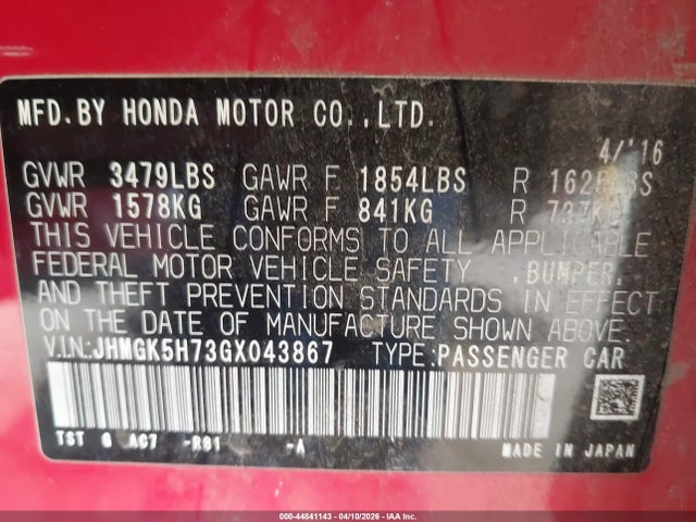 JHMGK5H73GX043867 Honda FIT EX