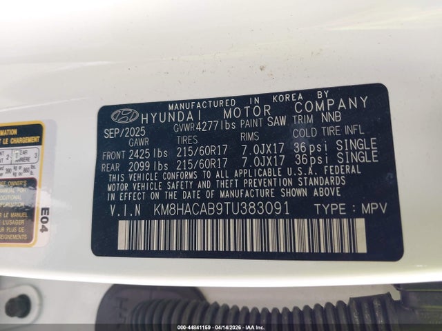 Продаж на аукціоні авто 2026 Hyundai Kona Se, vin: KM8HACAB9TU383091, номер лоту: 44841159